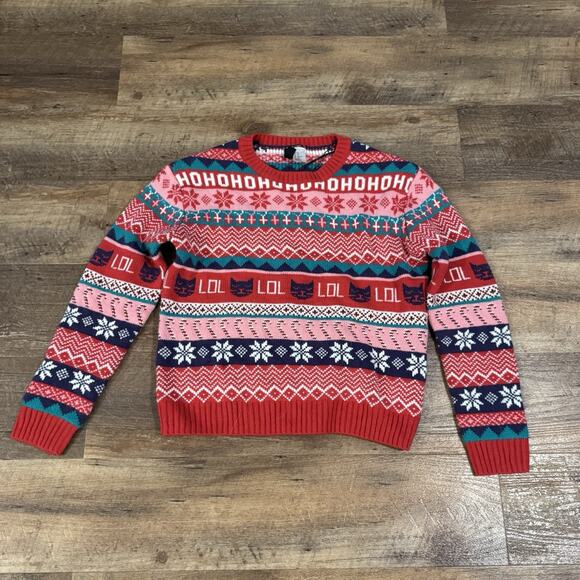 H&M Divided Fair Isle Christmas Holiday Sweater LOL Cats Red Navy Green XS EUC - Picture 1 of 7